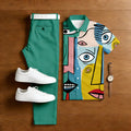 Men's Casual Green Facial Features Printed Polo Shirt And Trousers Two-Piece Set