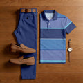 Men's Casual Multi Purple Color Matching Striped Printed Short Sleeved Polo Shirt & Trousers Two-Piece Set
