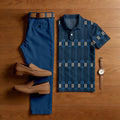 Men's Casual Navy Blue Stripes Printed Polo Shirt And Trousers Two-Piece Set