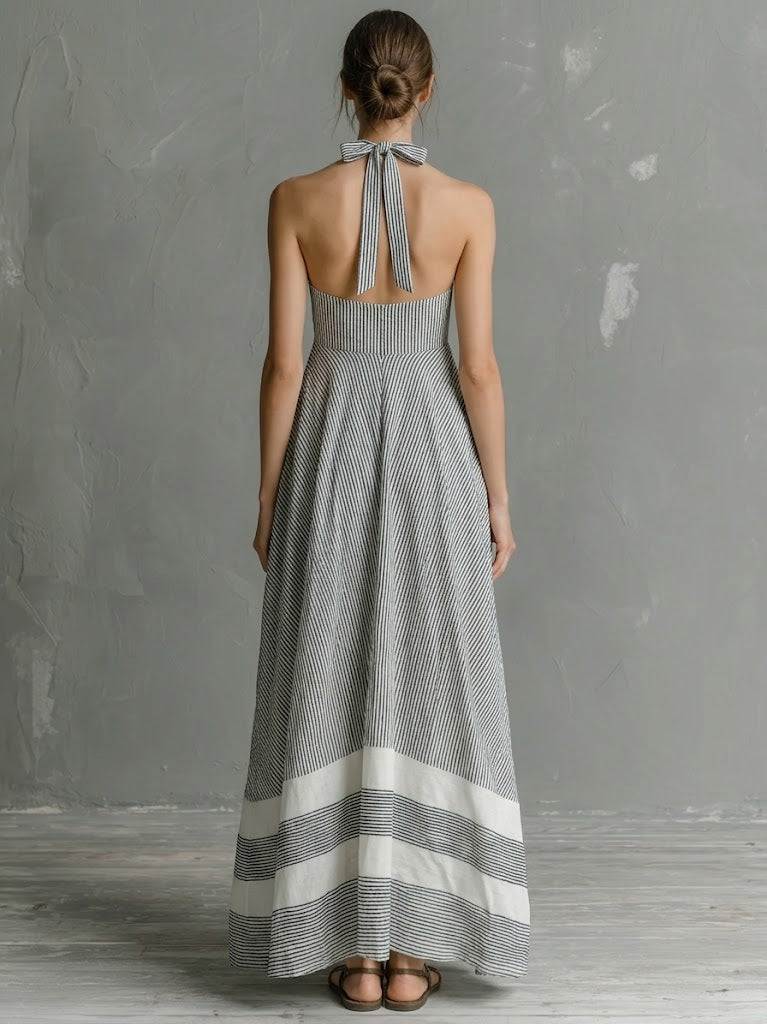 Stylish Casual Striped Linen And Cotton Sleeveless Dress