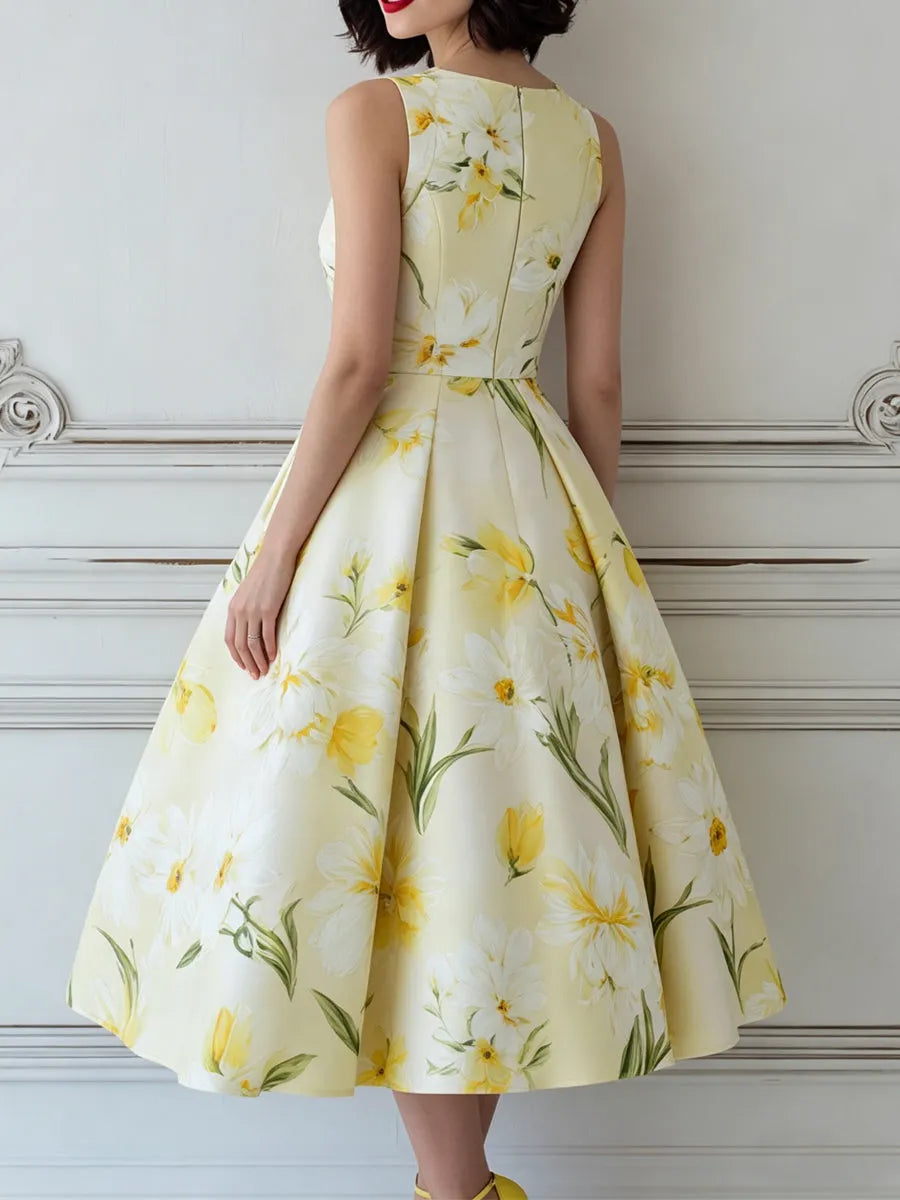 Elegant Yellow & White Floral Print Sleeveless Midi Dress