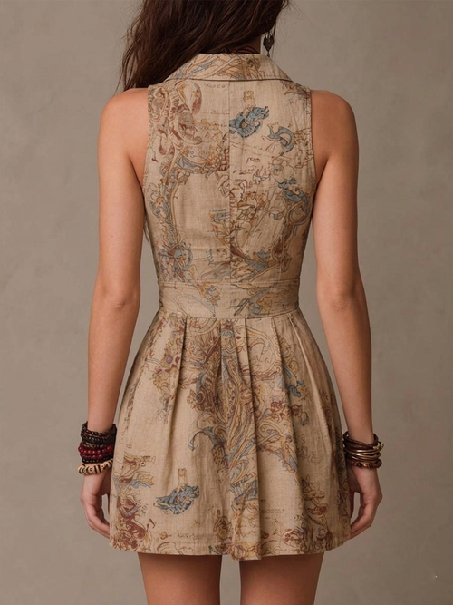 Bohemian Baroque Print Collared V-Neck Button-Up Mini Dress
