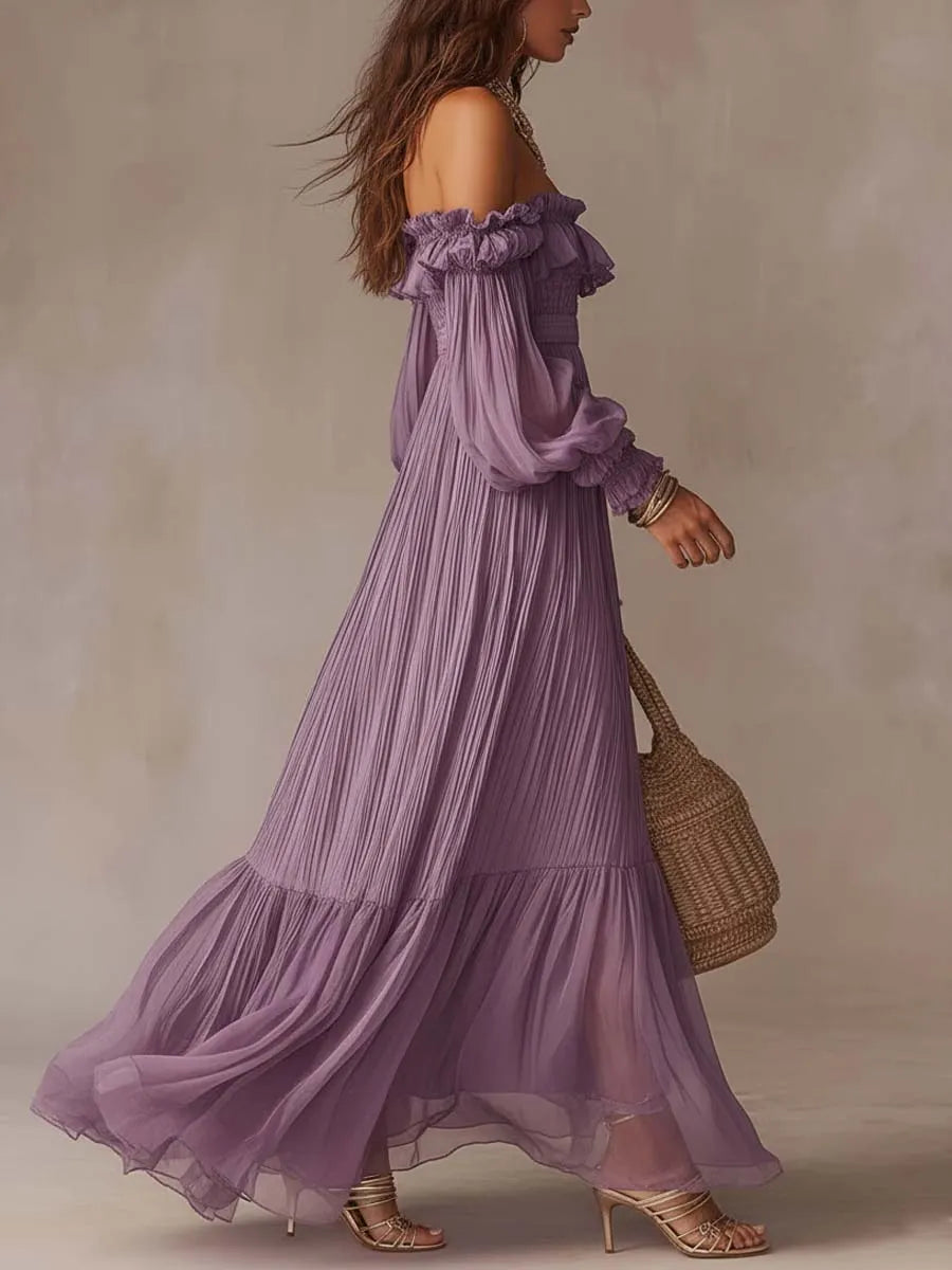 Romantic Vacation Off-Shoulder Pleated Maxi Dress