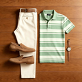 Men's Casual Green Striped Polo Shirt And Off-white Pants Two-Piece Set