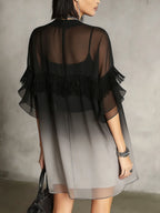 Black Ombre Sheer Fringe Detail Floaty Mini Dress