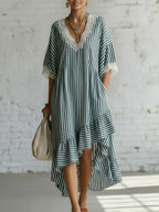Romantic Striped Lace Asymmetrical Hem Loose-fit Dress