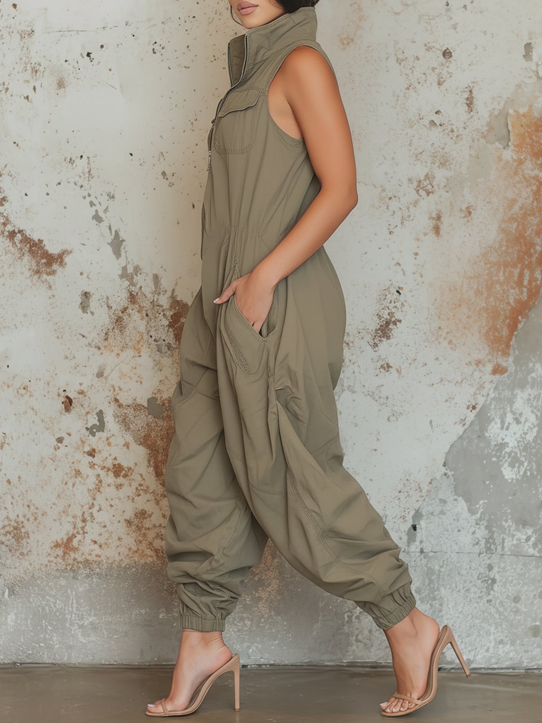 Olive Sleeveless Utility Balloon Jumpsuit