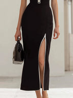 Chic Halter Collared Midi Dress With White Piping, Button Placket & Side Slit