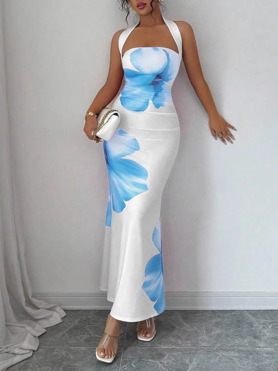 Elegant Halter-neck Floral-print Bodycon Dress