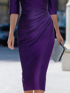 Purple Satin Elbow Sleeve Ruched Waist Sheath Midi Dress