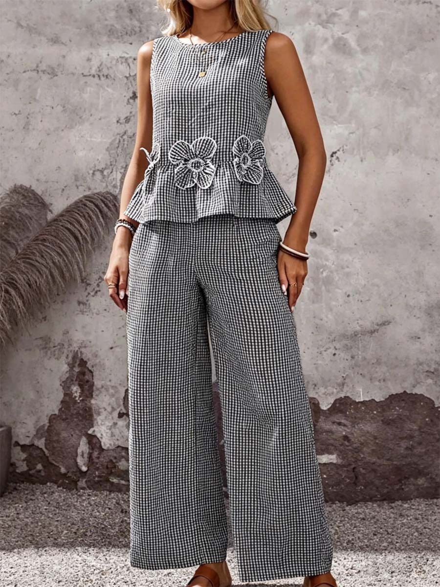 Women's Striped Flowers Art Stylish Cotton Linen Top And Pants Suits
