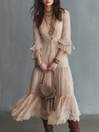 Romantic Boho Lace Flared Midi Dress