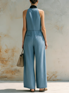 Light Blue Tencel Denim Halter Neck Wide-Leg Jumpsuit