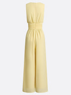 Women Yellow Chiffon Ruched Crew Neck Sleeveless Dressy Jumpsuit