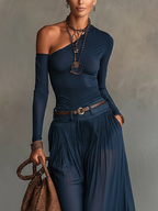 Navy Blue One-shoulder Top And Sheer Tulle Skirt Two-piece Set(with belt)
