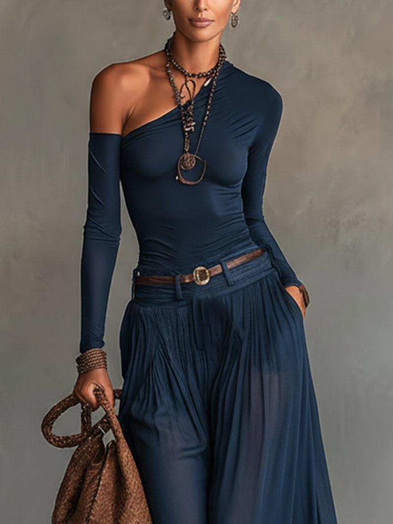 Navy Blue One-shoulder Top And Sheer Tulle Skirt Two-piece Set(with belt)