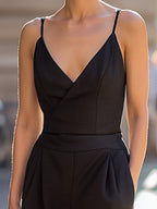 Spaghetti Strap V-Neck Tailored Wide-Leg Jumpsuit
