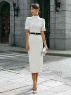 High Neck Belted Tailored Midi Dress