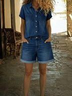 Casual Short-sleeved Denim Shirt And Denim Shorts Two-piece Set