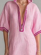 Pink Color-blocked Stand-up Collar Zipper Loose Mini Dress