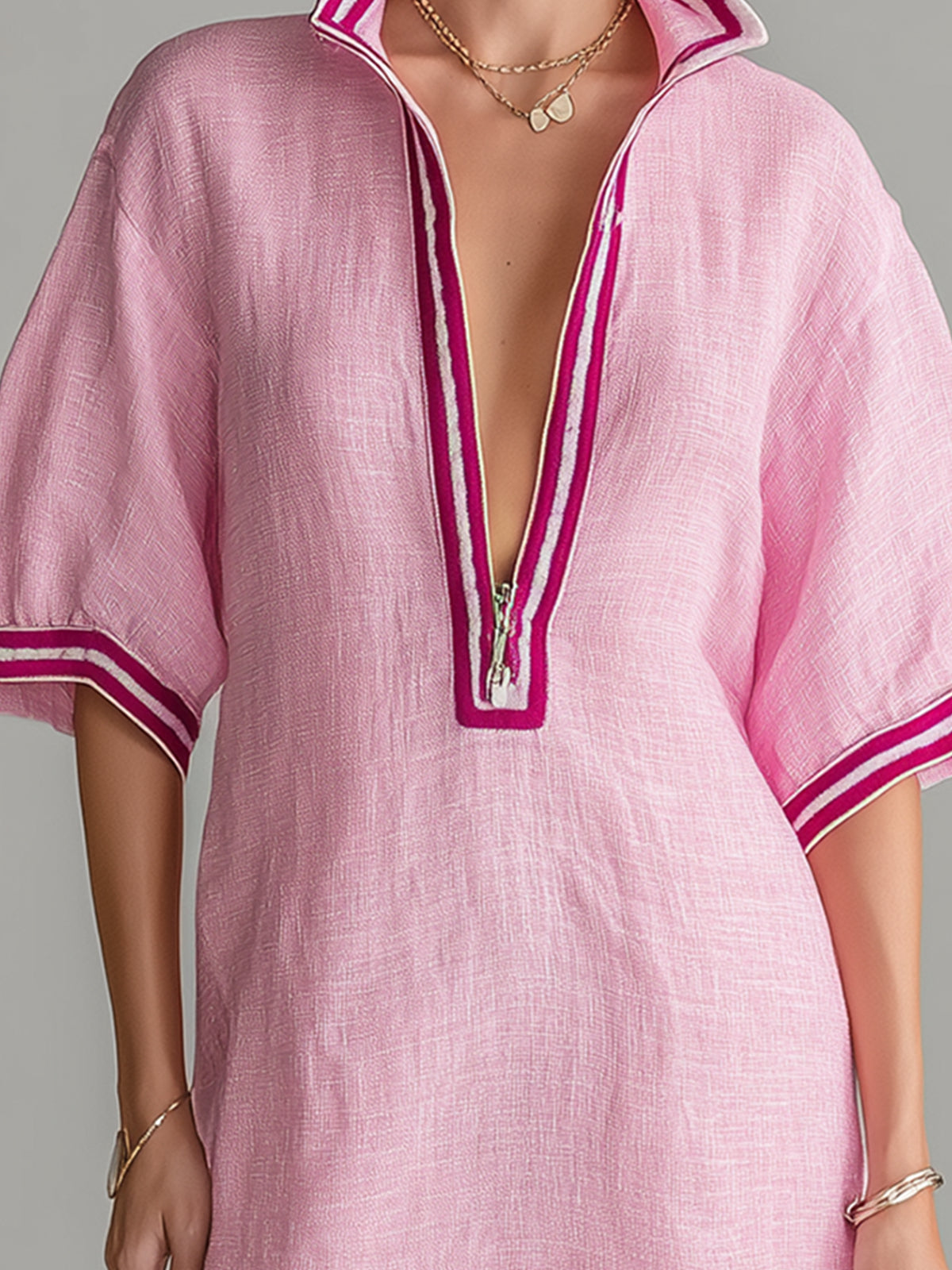 Pink Color-blocked Stand-up Collar Zipper Loose Mini Dress
