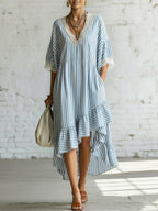 Romantic Striped Lace Asymmetrical Hem Loose-fit Dress