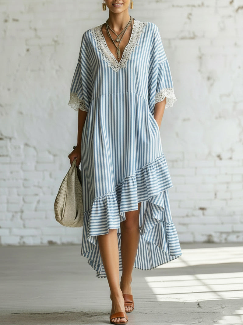 Romantic Striped Lace Asymmetrical Hem Loose-fit Dress