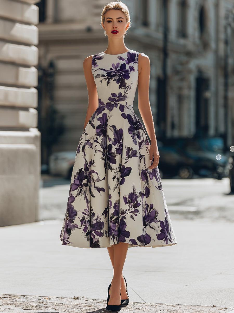 Sleeveless Floral Print A-Line Midi Dress