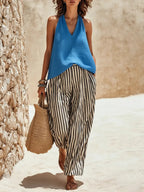 Women's Casual V-neck Halter Top And Striped Pants Set