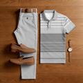 Men's Casual Gray Color Matching Printed Short Sleeved Polo Shirt & Trousers Two-Piece Set