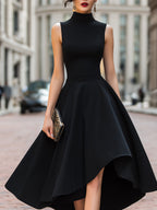 Sleeveless High-Neck Asymmetric Hem A-Line Midi Dress