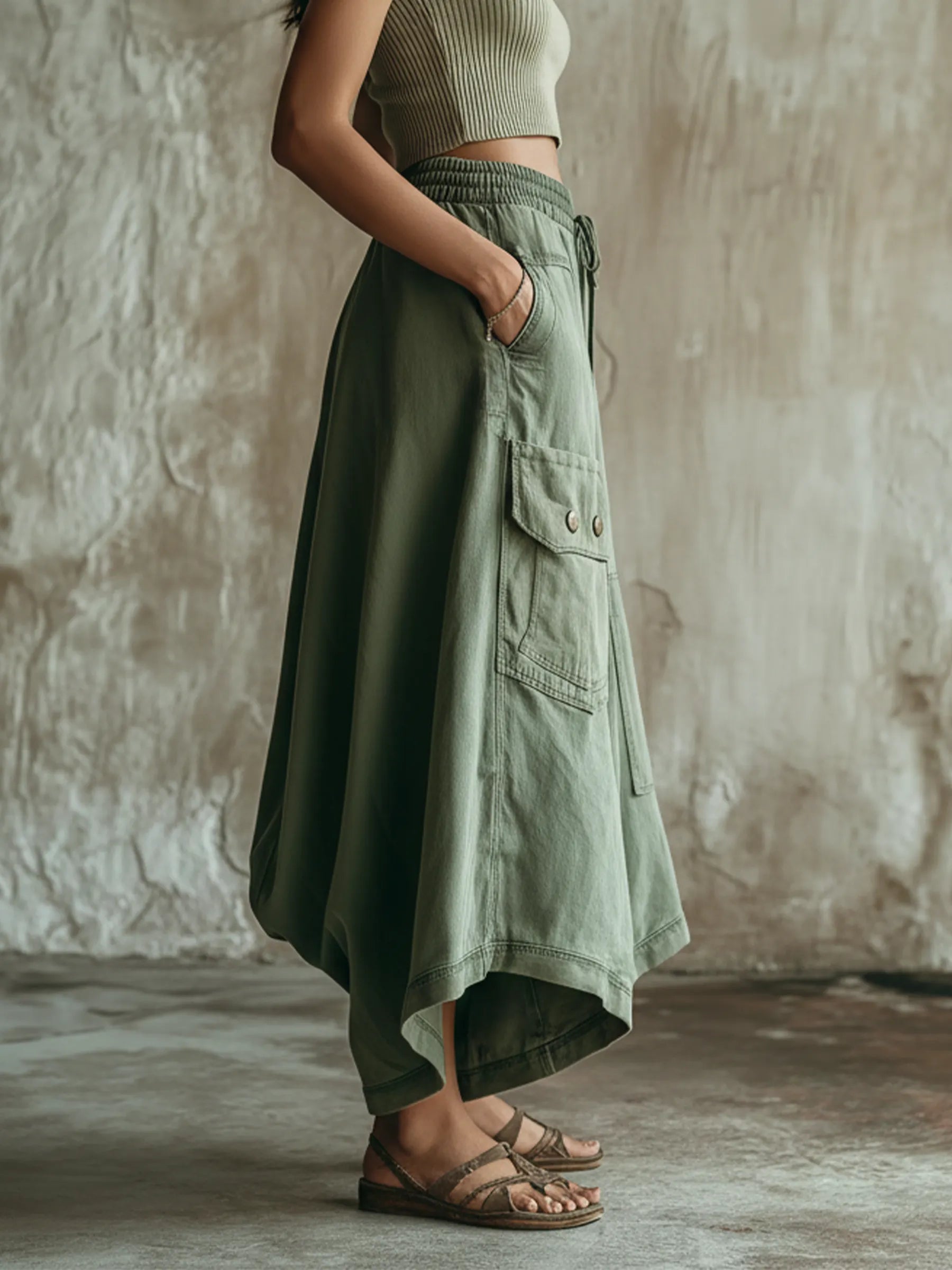 Olive Green Washed Denim Utility Wide-Leg Culottes
