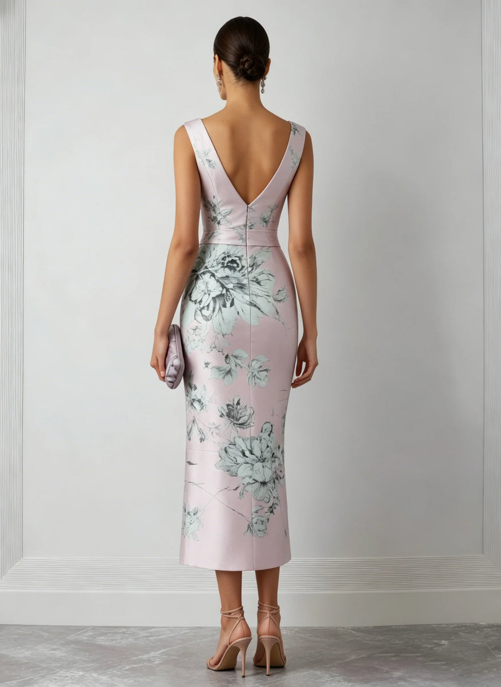 Pink Floral Satin V Neck Sleeveless Sheath Midi Dress