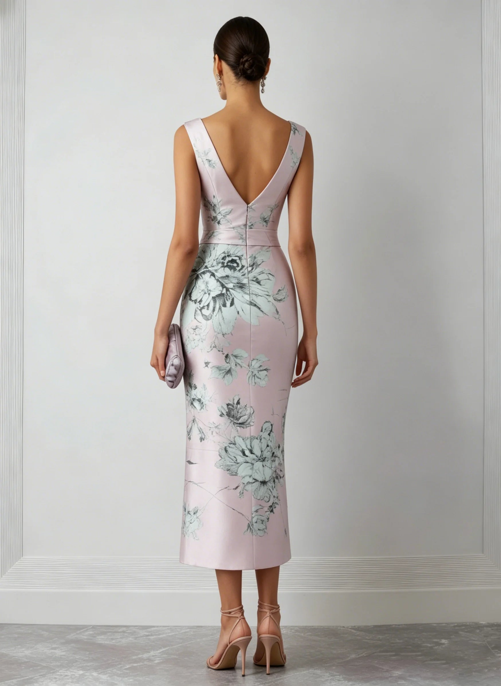 Pink Floral Satin V Neck Sleeveless Sheath Midi Dress
