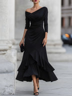 One-Shoulder Ruched Asymmetric Ruffle Hem Maxi Dress