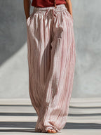 Vest + Striped Cotton-linen Wide-leg Pants Set