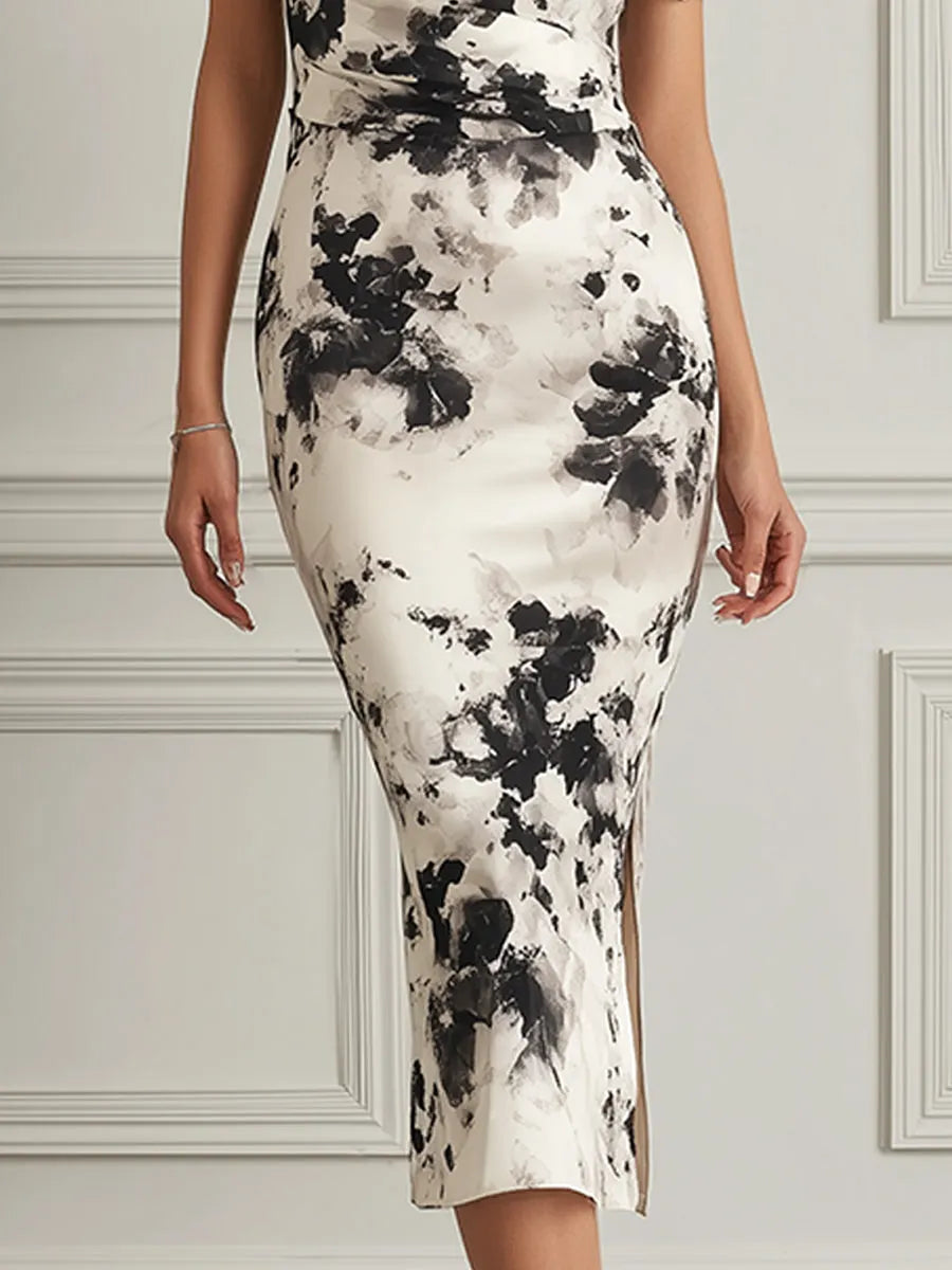 Monochrome Bloom Flutter-Sleeve Midi Dress