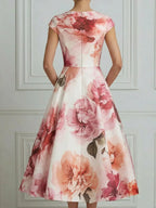 Elegant Watercolor Floral Cap Sleeve Midi Dress