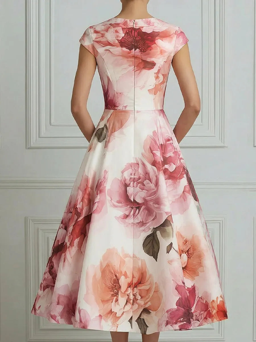 Elegant Watercolor Floral Cap Sleeve Midi Dress