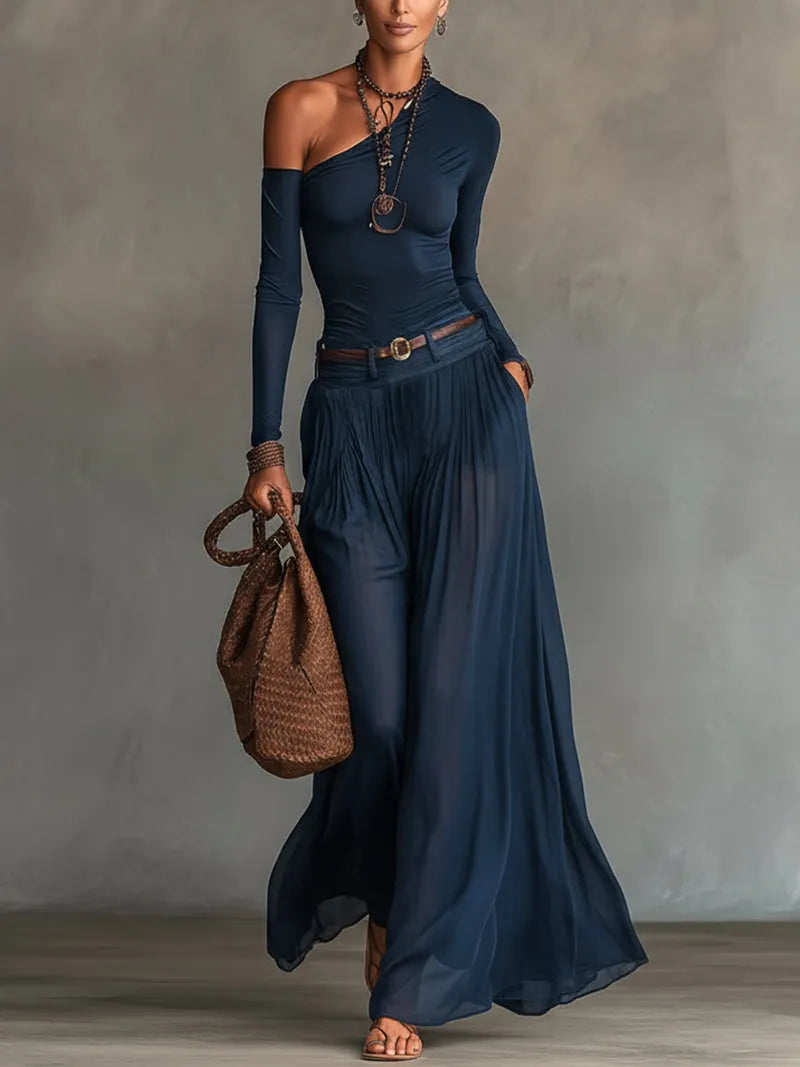 Navy Blue One-shoulder Top And Sheer Tulle Skirt Two-piece Set(with belt)