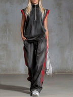 Casual Half-zip Sleeveless Denim Top And Pants Two-piece Set