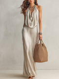 Resort-ready Silver Satin Halter Neck Long Dress