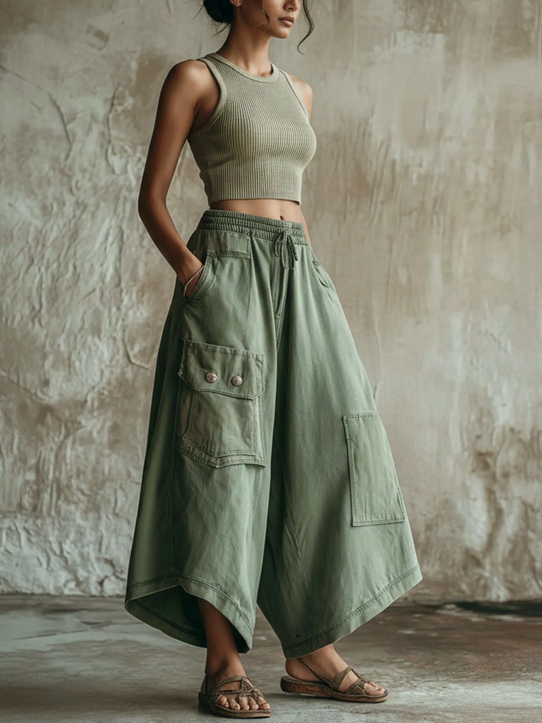 Olive Green Washed Denim Utility Wide-Leg Culottes