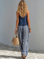 Navy Blue Linen-cotton Crop Camisole & Striped Wide Leg Pants Set