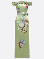 Green Floral Bow Satin Off The Shoulder Short Sleeve Sheath Maxi Dress