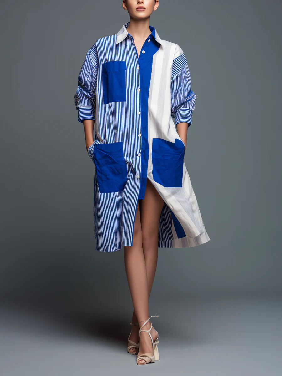 Casual Loose-fit Striped Shirt Dress