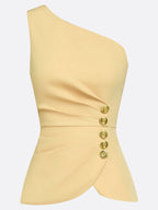 Women Yellow Buckle Ruched One Shoulder Sleeveless Dressy Top With Pants Two-Piece Set