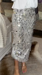 Silver Sequin Midi Skirt and White Blouse Outfit