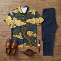 Men's Casual Japanese Cuban Style Printed Short-Sleeve Polo Shirt And Trousers Two-Piece Set