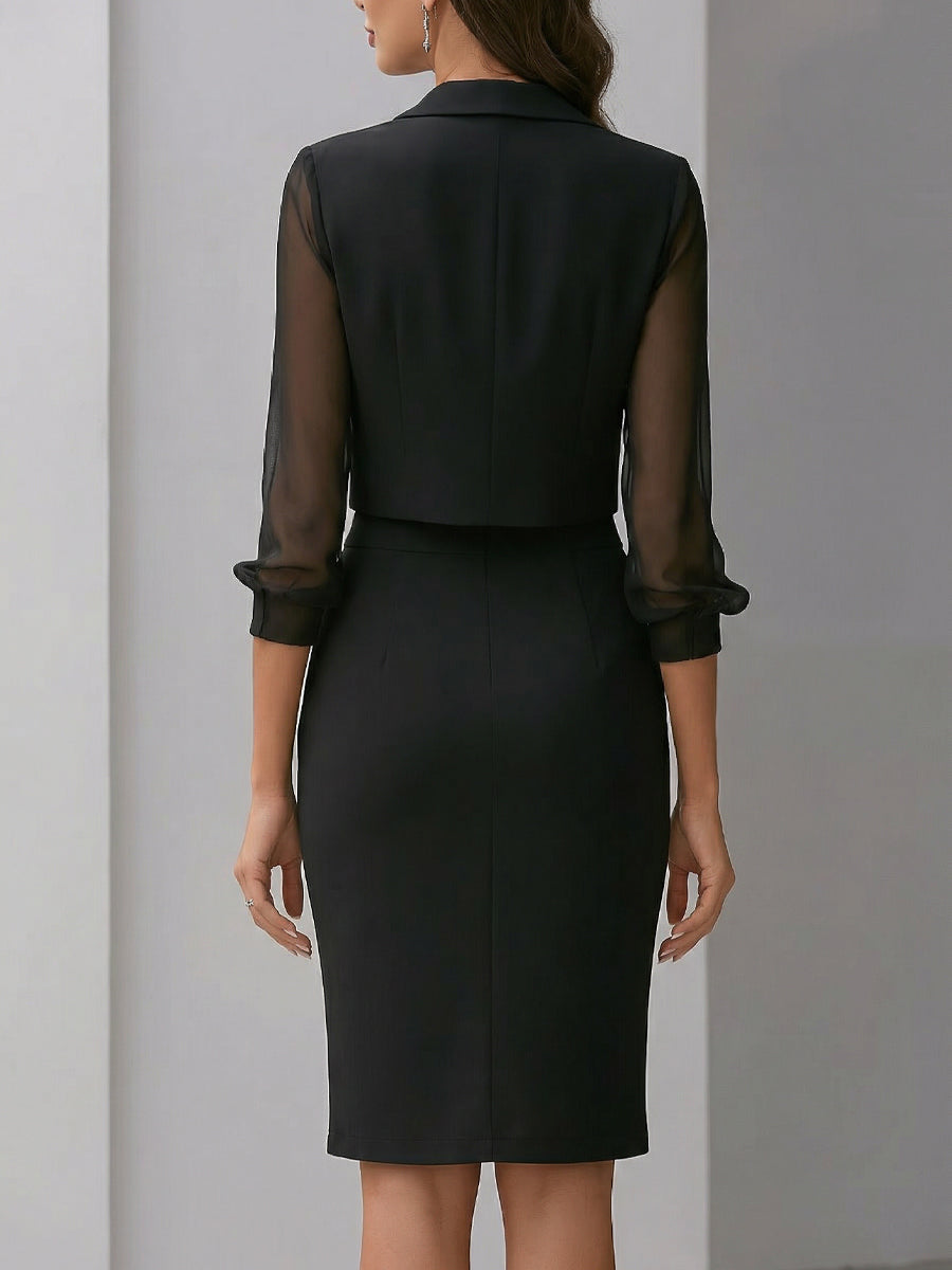 Black Sheer-sleeved Blazer And Asymmetrical Dress Two-piece Set
